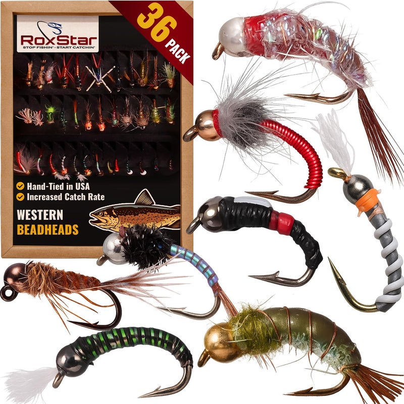 RoxStar Lures RoxStar Fly Shop Premium Trout Fly Assortment, Hand-Tied Wet and Dry Flies, BeadHead Tungsten and Brass Options - Image 1